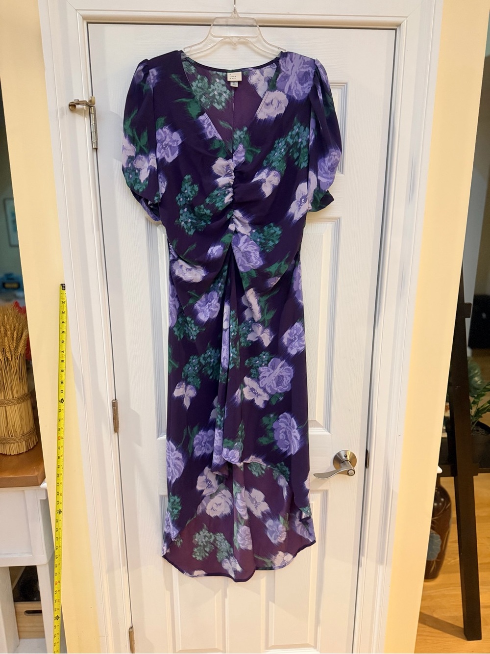Ladies Size XL "a new day" Purple Floral Ruched V-Neck Midi Dress GUC